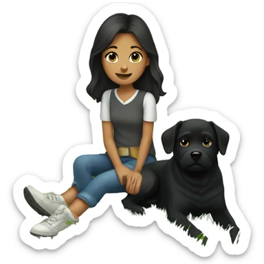 Bruenette girl sitting in grass with a black dog sticker