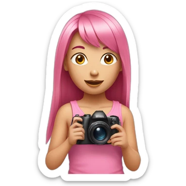 girl with long, straight rose hair with fringe and holding camera and wearing pink tank top sticker