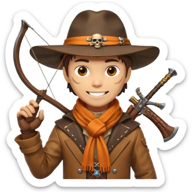 male human monster hunter emoji, wearing brown leather coat and wide hat, holding crossbow or rifle, with amulet shaped like skull, Halloween fantasy theme, confident smile, orange scarf, Apple emoji style, clean white background, square image sticker