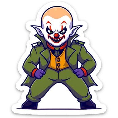 evil clown warrior, bald, small black satan-like horns on forehead, fangs, pointed ears, eye patch over one eye, long coat over black and military green leisure suit with bellbottom pants, realistically proportioned, less bulky, full body, battle-ready fighting posture sticker