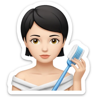 a white woman who has black short hair cleaning her face sticker