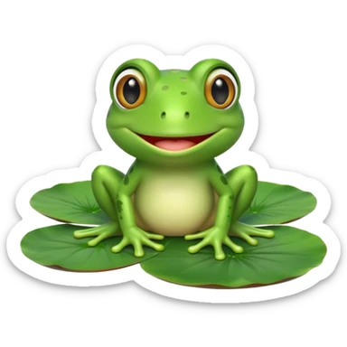 A cute 3D cartoon frog sitting on a lily pad, bright green skin, big friendly eyes, smiling face, soft natural lighting, Memoji-style rendering. sticker