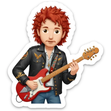 realistic cinematic Bob Dylan, unshaven and long haired, in a motor jacket embroidered with bronze cranes, plays an electric guitar, his long curly hair is red from the spotlights sticker