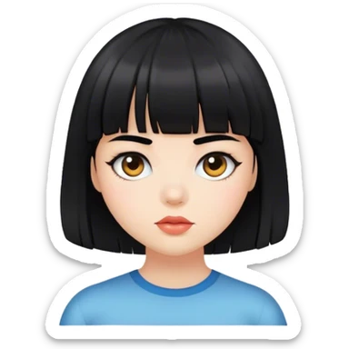 girl with black hair and bangs, with big face sticker