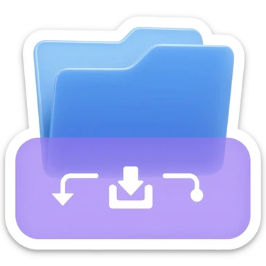 "A blue digital folder placed over a regular file folder, with a soft purple glow effect and an arrow indicating file upload and download with japan word." sticker