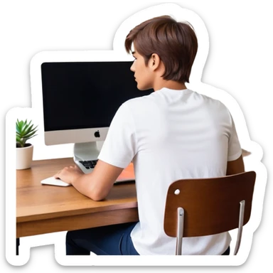 A man seen from behind, with detailed, well-lit hair. He is sitting in front of an open MacBook on a desk. On the MacBook screen, the Instagram logo is clearly visible and glowing. The scene has a modern, minimalistic aesthetic with natural lighting and a sharp, high-resolution look. sticker