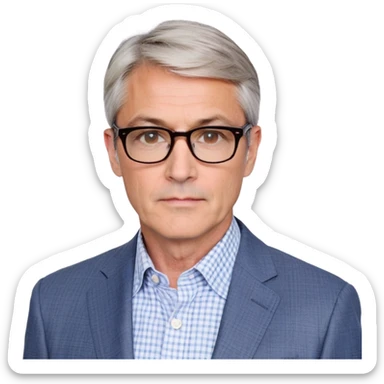 Middle-aged man around 50, square face with slight wrinkles, large dark square-framed glasses, short straight hair with subtle graying and side part. Composed serious expression. Wearing a light gray blazer over a white button-up shirt with blue checkered pattern. sticker