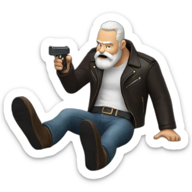 biff wiff santa beard wearing a leather jacket (full body, ios17)strandling a man and holding a pistol pointing it down at the head of a man laying on the ground sticker
