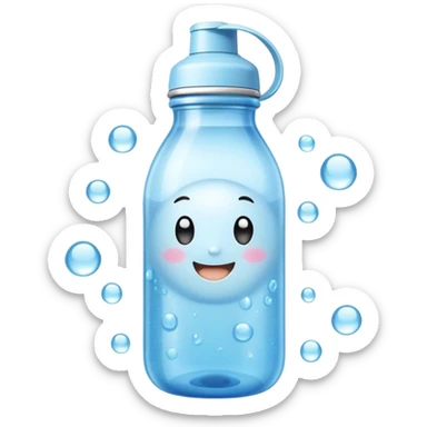 Cute Kawaii Water Bottle, round and bubbly, soft blue with tiny water droplets around, a happy smiling face, gentle glowing highlights, fresh and refreshing vibes! sticker
