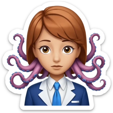 tanned, Doe hazel eyes, Octopus hair cut, White uniform top with blue tie, blue long skirt, Long lashes  sticker