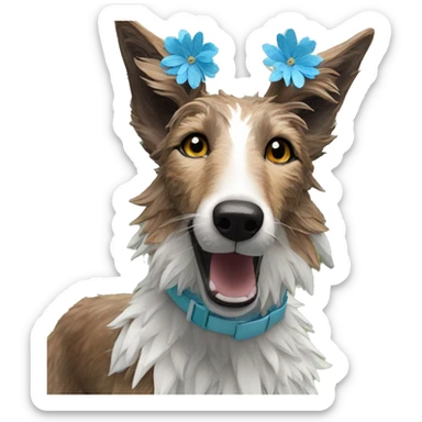  brindle fluffy lurcher fox running blue eyes fluffy ears and holographic harness wearing paper flower crown sticker