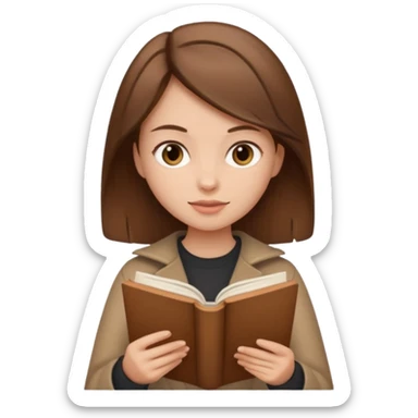Brown hair girl in brown clothes reading a beige book sticker