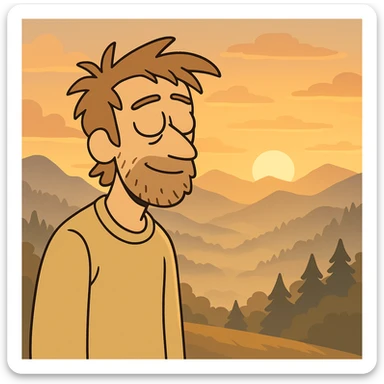 aesthetic morning sunrise, misty mountains, golden sunlight, tranquil mood, in Flat Toon style sticker
