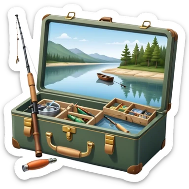 Icon for Fishing: a boat on the shore of a peaceful water body with a beautiful natural landscape, a fishing tackle box, a spinning rod, and boots nearby. The icon should capture the tranquility and gear of a fishing adventure. Transparent background. sticker