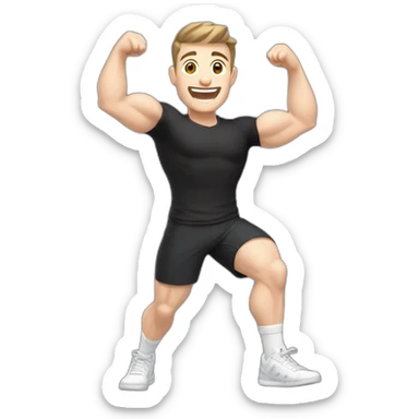 Joyful Celebrating victory Pale skinned Fit Man With the biceps and dark brown hair in black shirt, gray sports shorts and white Sneakers sticker