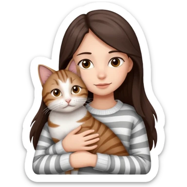 a girl with long dark brown hair, in a
white sweater and brown eyes, hugs a tabby
grey and white strips one cat. sticker
