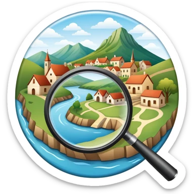 An icon featuring a magnifying glass over a local map, with a small village, traditional house, and natural landmarks like a river and hill, symbolizing local history and geography. Transparent background highlights the study of native land, culture, and heritage. sticker