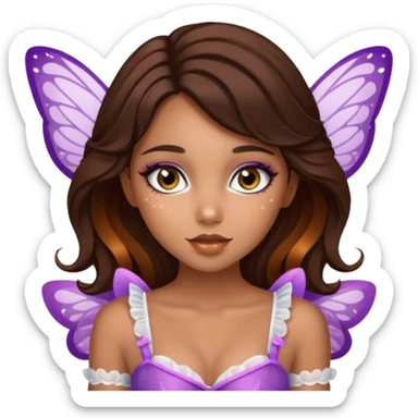 Pretty girl with caramel skin. Dark brown hair and brown eyes. She has freckles. Wearing sexy makeup. Wearing a fairy costume. wearing white fishnet tights on legs and heels on feet sticker