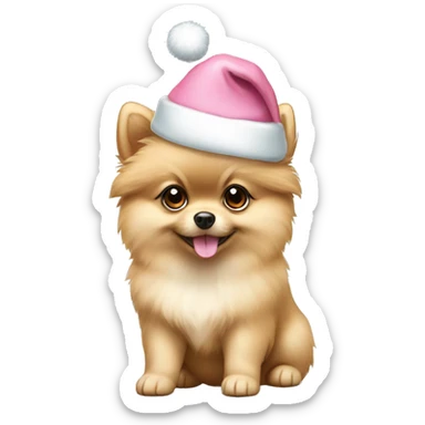 beige pomeranian puppy full body light blue eyes pink christmas hat on sticker