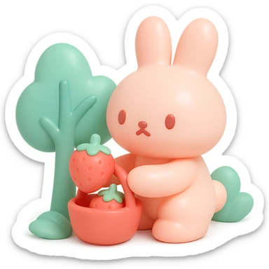 bunny picking strawberries in the woods, sweet pastel red, vinyl figure style sticker