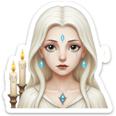 Pale sorceress lit by dozens of candles, wet skin glow, slow seductive gaze, dark fantasy cinema sticker