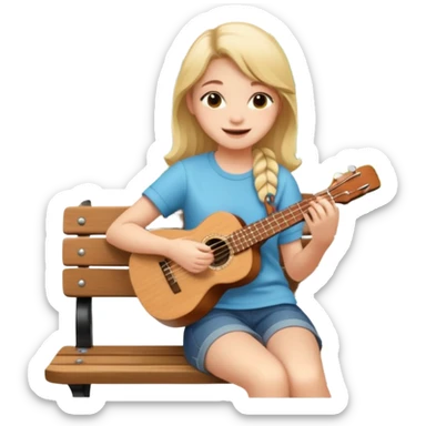 Teen girl – relaxed on park bench, strumming a ukulele, smiling.
 sticker