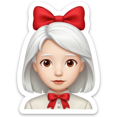 back view of white hair with red bo sticker