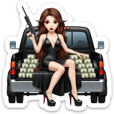 Lilith symbol red eye seductress evil long brown haired sexy succubus woman with leather long dress with slit on, sitting in Big Large F350 pickup truck. Platform long high heels on feet. Back seat full of stacks of cash, she is  Holding a human skull of her enemies in car and a gun in other hand sticker