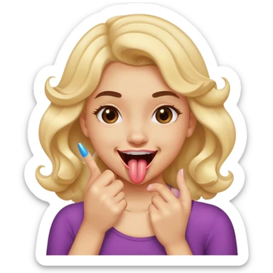 A pretty girl putting her tongue over her top teeth while smiling and curling a of her fingers in front of her mouth  sticker