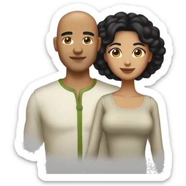 A couple. The woman has shoulder length black hair. The man has olive skin and a shaved head sticker