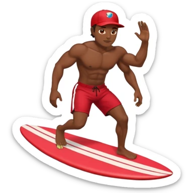 Dark, muscular man surfing wearing red shorts and a baseball cap Hawaii sticker