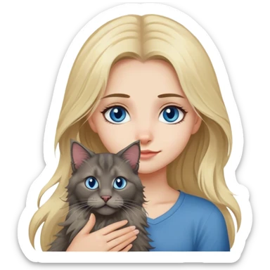 Fille blonde aux yeux bleu avec un chat mainecoon gris foncés  sticker