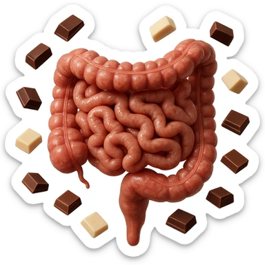 pezzetti di cioccolato fondenti, al latte e bianchi fluttuano intorno ad un intestino umano anatomico realistico, IPERREALISTICO 4K sticker