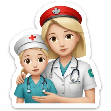 A young medic (woman) attending to a child patient at the local hospital sticker