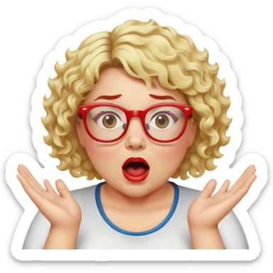 Blonde woman with short curly hair, slightly overweight, wearing glasses with red frames, shouting with hands on each side of her mouth sticker