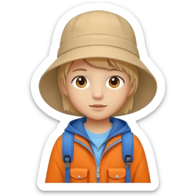 A little student with beige bucket hat, orange jacket, blue backpack sticker