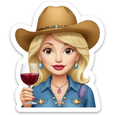Dolly Parton with a huge glass of wine on a bachelorette trip and a cowboy hat and huge lips sticker