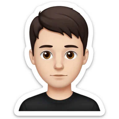 a white boy with dark brown hair, brown eyes, black septum nose piercing, black shirt sticker