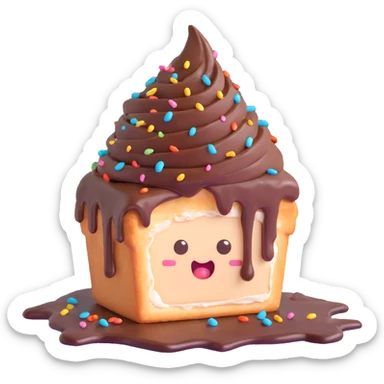 Rectangular chocolate mini pastry, messy chocolate dripping, sprinkles flying, surprised eyes, open mouth, text above: "ПАСТИЧКА", chibi style, Twitch emoji style, transparent background, colorful
 sticker