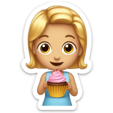 4-years old girl with golden straight hair eats cupcake sticker