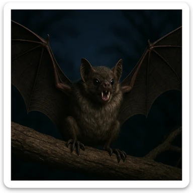 a realistic vampire bat, wings outstretched, baring two fangs sticker