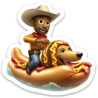 Cowboy riding a hotdog and beach in ocean  sticker