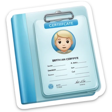 A simple emoji-style icon of a transparent plastic folder, clean and minimal, with rounded corners, subtle translucency, soft shading, and a small official documents symbol representing birth certificate, and SS. sticker