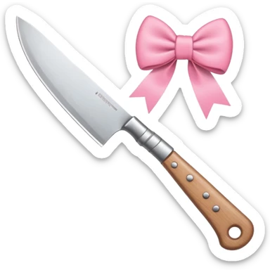 Emoji style illustration of a kitchen knife with a cute pink bow tied around the handle, minimalistic, clean design, white background, soft colors, flat vector style, kawaii emoji sticker