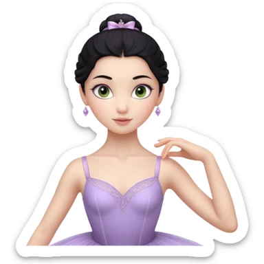 Cinematic Realistic ballerina Light Purple Portrait, depicted with lifelike skin texture, subtle rosy undertones, and soft natural lighting that enhances the gentle contours of her face. Her intricately detailed sweet black hair is elegantly styled, green eyes sticker