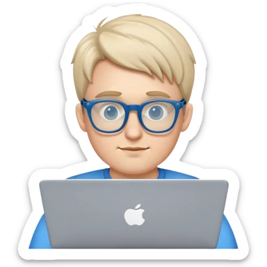 a nerd and an excellent student with blue glasses withlaptop sticker