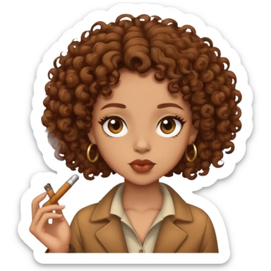 Lightskin girl with brown curly hair smoking a wood sticker