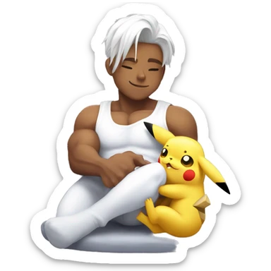 Pikachu cuddling in white bodybuilder lap sticker