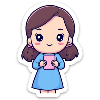 Create a brunette girl with a long sleeved blue dress with pink details and a pink sticker in her hand sticker