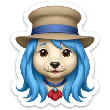fancy dog with long blue hair, wearing hat sticker